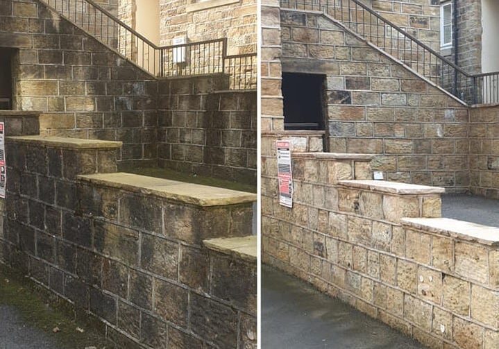 Before and after photo os a wall movered in algue and moss before receiving a pressure washing treatment in Holmfirth by RJ Exterior Cleaning