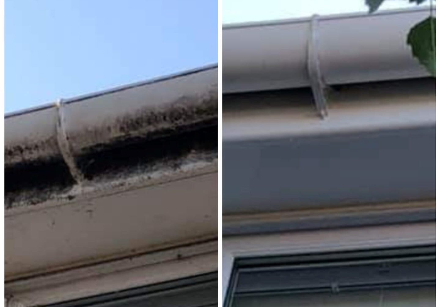 Before and after photo of R J Exterior cleaning, a window cleaning company cleaning facias and soffits